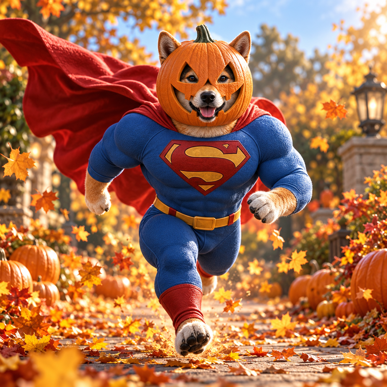 Pumpkin-helmet Shiba superhero running through autumn leaves