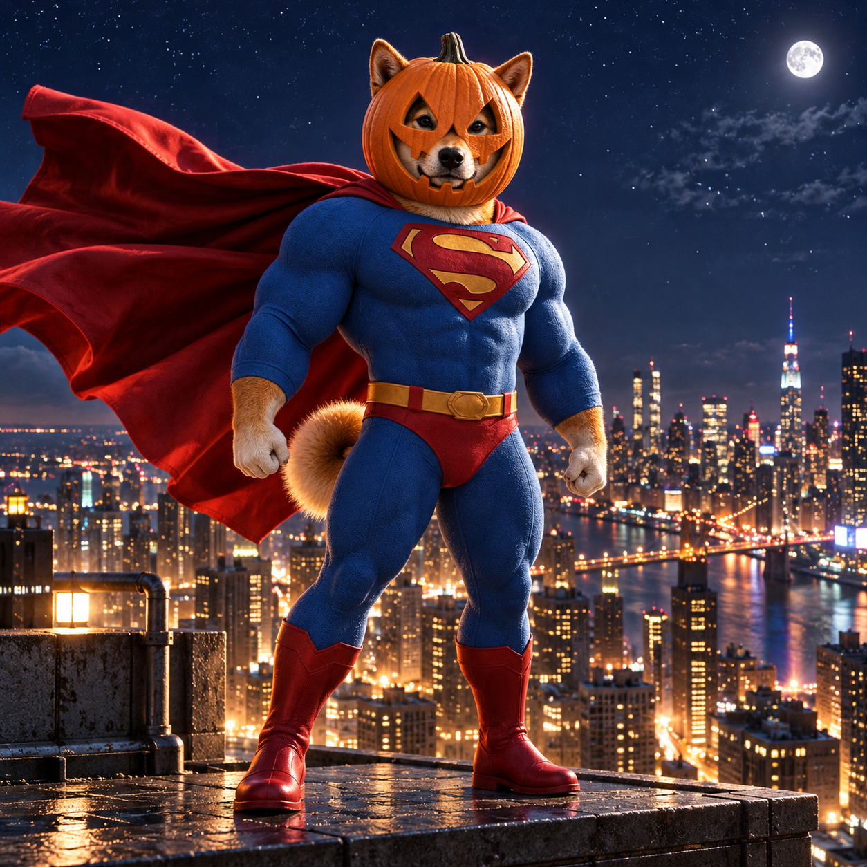 Shiba superhero overlooking the city from a moonlit rooftop